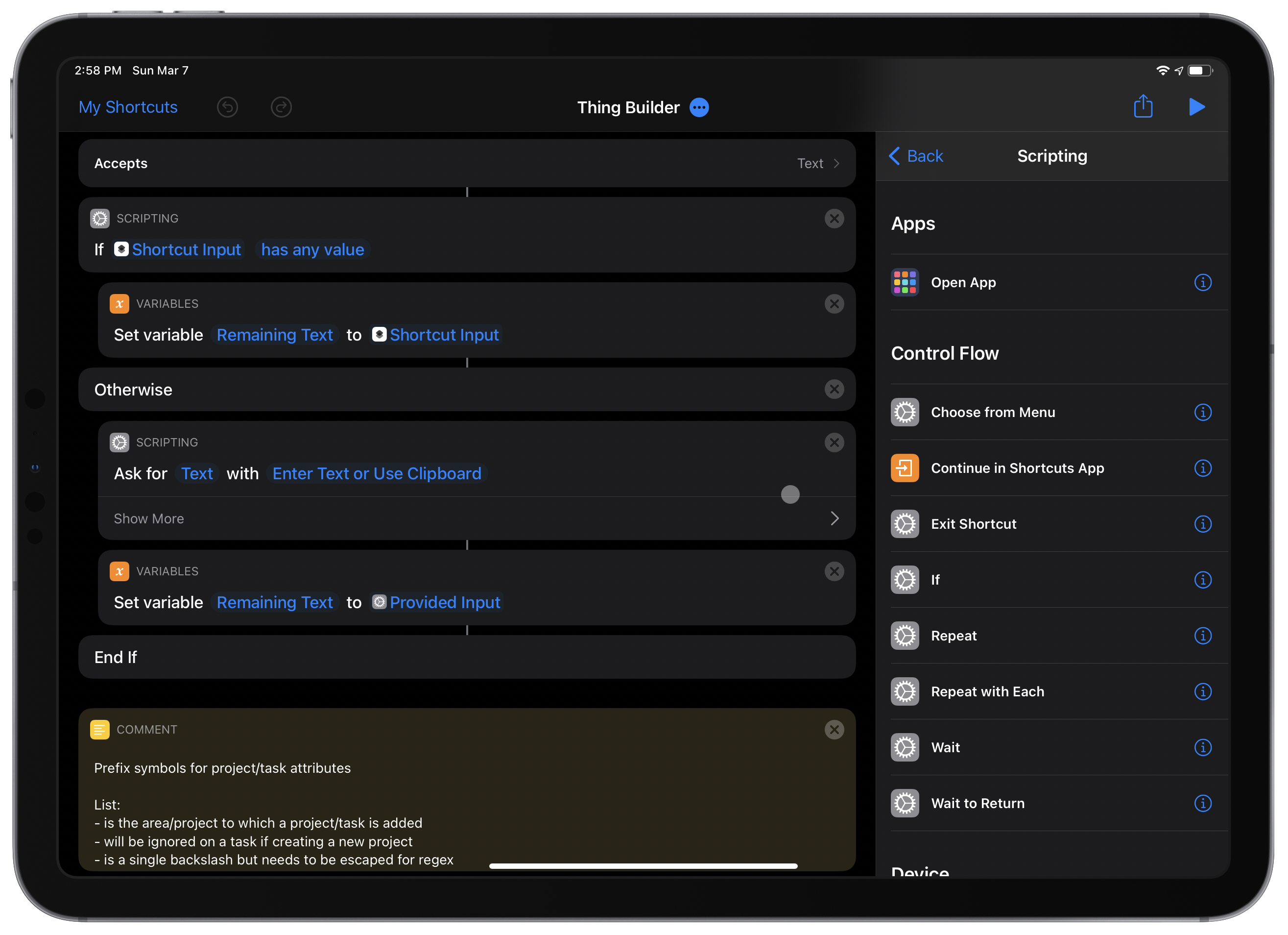 A screenshot of the first few blocks of the Thing Builder shortcut on an iPad
